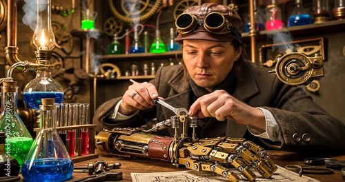 Steampunk inventor meticulously working on a mechanical arm in a vintage laboratory filled with colorful potions