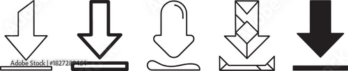 Collection of five distinct download arrow icons, vector graphic elements suitable for web interfaces, mobile applications, and software user experience design Vector