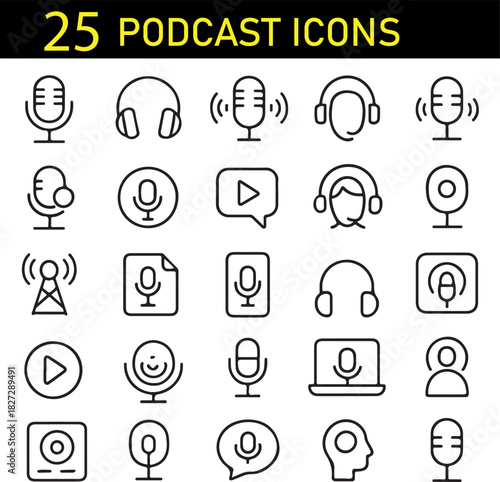 Podcast Icons Collection, Audio Broadcast Outline Symbols, Streaming and Recording Vector Set, Minimal Media Mic Icons Pack