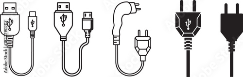 Versatile collection of various usb and power cable connectors in clear outline and bold solid black icon styles for modern device connectivity. Vector