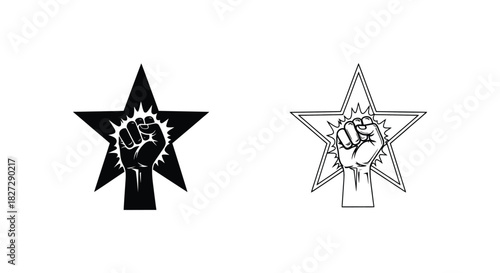 Vector illustration of raised fist in star isolated on, symbol of strength and power