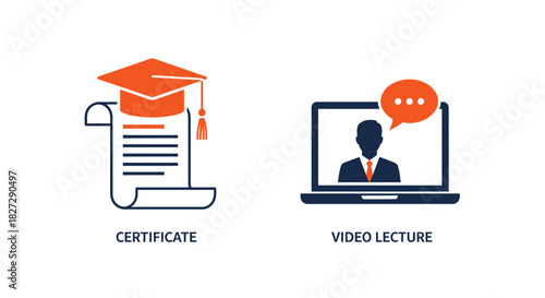 Vector illustration of online education concept with certificate and video lecture isolated on