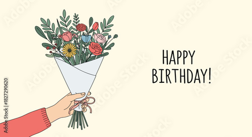 A vibrant hand-drawn floral bouquet brings birthday joy and celebration, perfect for greetings, invitations, and cheerful designs conveying heartfelt wishes