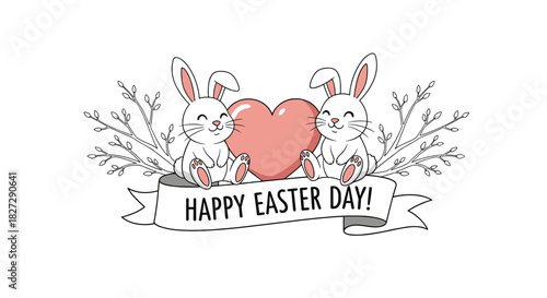 Celebrate Happy Easter Day with adorable bunnies and a heart, perfect for holiday greetings, invitations, and festive designs for springtime joy