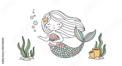 Adorable mermaid with seashell bra swimming in ocean with seaweed, perfect for children's books and cute designs for summer projects!
