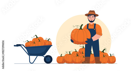 Harvest Time Fun Farmers Market Fresh Pumpkin Patch Fall Festival Celebration of Autumn's Bounty with Wheelbarrow Full of Orange Goodness