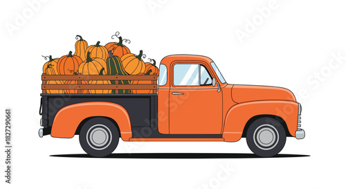 Charming orange vintage pickup truck overflowing with autumn pumpkins ready for festive fall decorations or Thanksgiving celebrations