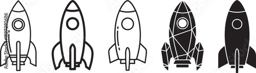 Rocket ship vector icons collection set, line art and solid black styles, representing startup launch, space travel, innovation, and progress. Vector
