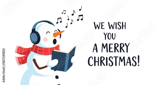 Adorable snowman wearing headphones and scarf singing carols from a book wishing you a merry Christmas perfect for holiday greetings and festive designs