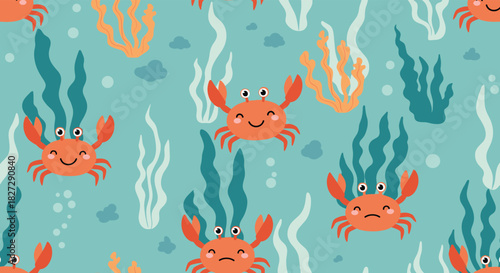 Adorable smiling crab pattern for children's products and summertime designs, fun and whimsical undersea life theme, perfect for kids' apparel and decor
