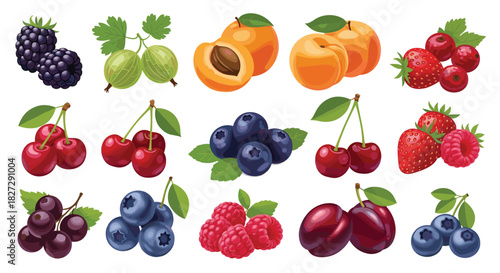 Vibrant mix of delicious summer fruits including juicy berries, cherries, apricots, and plums for healthy eating and vibrant designs, a fruitful harvest