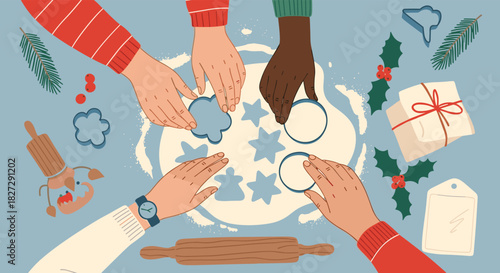 Festive fun making cookies with diverse friends during Christmas baking session, a cozy holiday tradition creates cheerful memories together