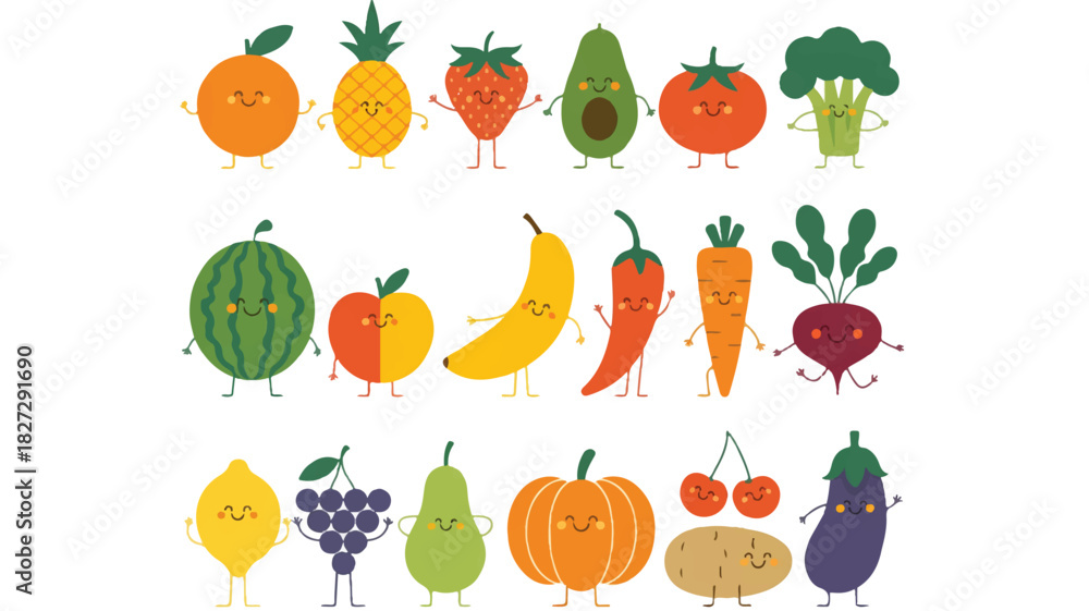 custom made wallpaper toronto digitalA delightful cartoon illustration featuring twenty charming anthropomorphic fruits and vegetables arranged in three neat rows on a clean white background
