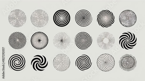A diverse collection of black and white spiral designs artfully arranged in symmetrical rows for graphic applications