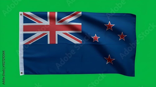 Patriotic New Zealand flag waving proudly against vibrant green screen backdrop for national celebrations