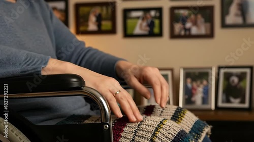 Hands rest gently on wheelchair in cozy family room setting with photographs