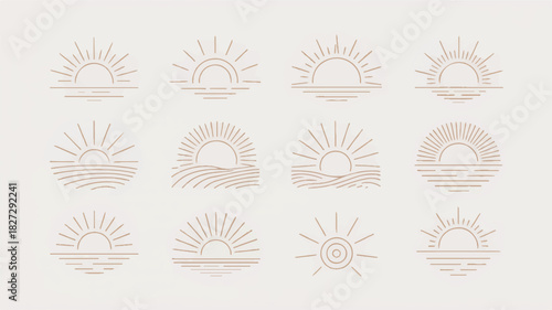 Twelve minimalist sun and sunrise illustrations in a beige palette arranged in a grid for background use