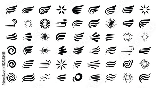 A comprehensive collection of fifty distinct abstract black and white graphic symbols representing wind and movement concepts