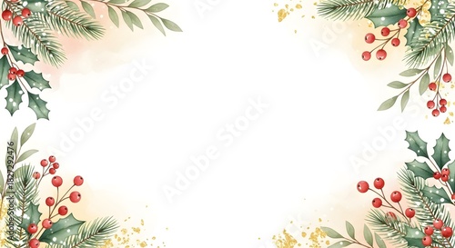 Watercolor Christmas frame with pine branches, red berries and golden leaves on white background for holiday greeting card