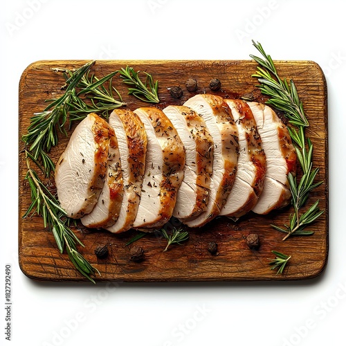 Sliced Chicken Breast Garnished with Fresh Rosemary on a Wooden Cutting Board for Culinary Presentation