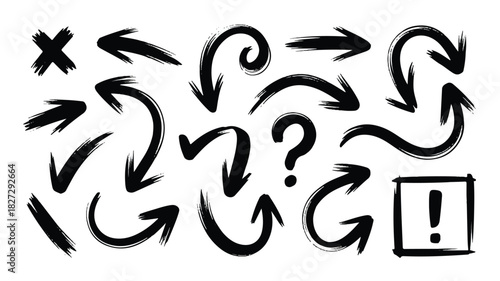 A versatile collection of hand drawn black arrows and diverse symbols presented on a clean white background for easy integration into various design projects