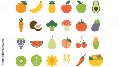Vibrant assortment of fresh healthy fruits and vegetables artfully arranged in neat rows on a clean white background