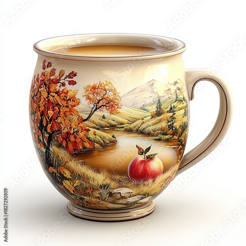 An Artistically Designed Cup Featuring a Scenic Landscape Painting on a White Background