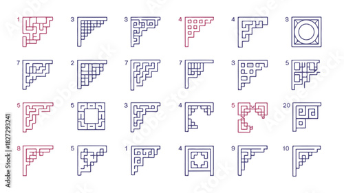 A grid of traditional chinese corner bracket designs in blue line art on a clean white background for architectural decoration