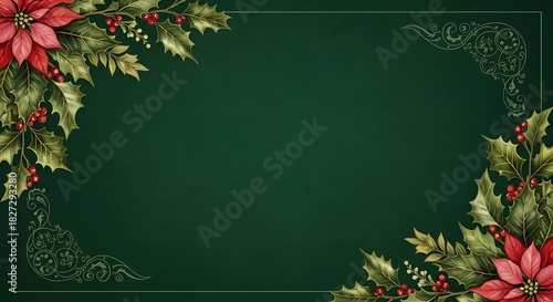 Watercolor botanical Christmas corner frame illustration with pine needles, holly, cotton, and red berries on a transparent background