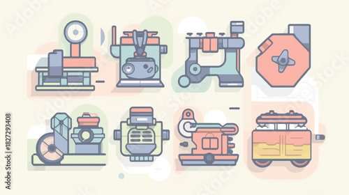 Colorful flat geometric vector icons of internal combustion engine parts in a clean grid layout with a pastel color palette