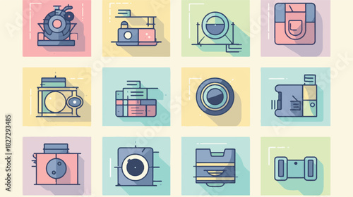 Colorful flat vector icons representing internal engine parts with a clean grid layout and pastel color palette