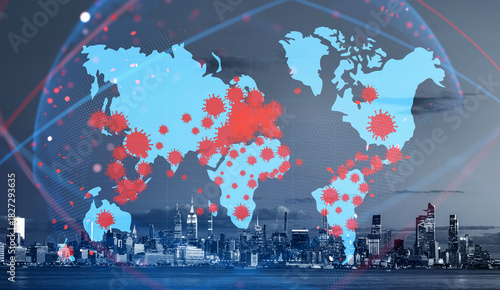 Fotografi World map with virus symbols overlayed above New York City skyline at dusk, digi
