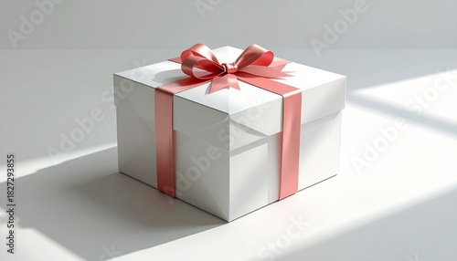 Elegant White Gift Box with Pink Ribbon on a Bright Background