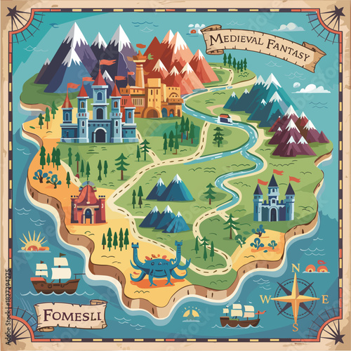 Cartoon medieval fantasy map with castles mountains and sea creatures illustration