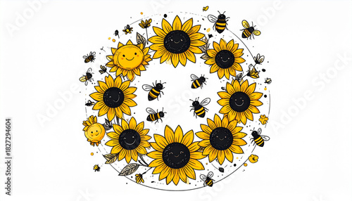 Loose Crayon Sunflower & Bee Doodles for Eco-Friendly Brand Label