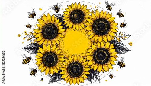 Loose Crayon Sunflower & Bee Doodles for Eco-Friendly Brand Label