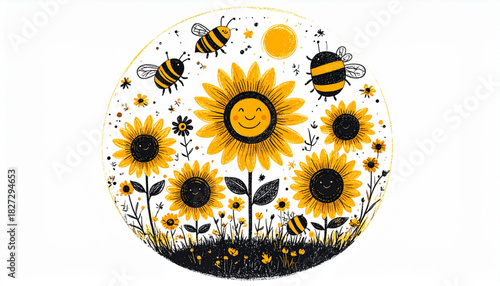 Loose Crayon Sunflower & Bee Doodles for Eco-Friendly Brand Label