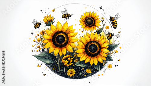 Loose Crayon Sunflower & Bee Doodles for Eco-Friendly Brand Label