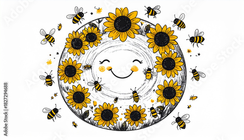 Loose Crayon Sunflower & Bee Doodles for Eco-Friendly Brand Label
