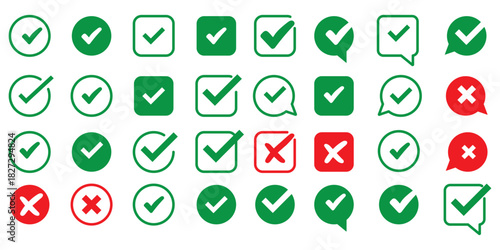 Set of tick mark in green and cross mark in red colour and stroke with white background, check and cross mark icon set. checkmark and x mark icon use for apps and website. checkmark, icon, vector