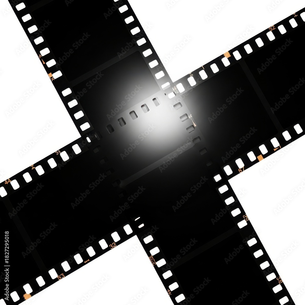 Fototapeta premium Abstract cinematic film strips crossing in a star shape isolated on white background