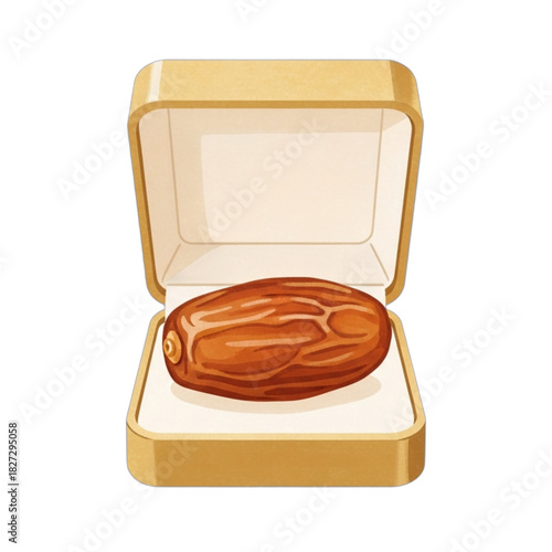 A single date fruit presented elegantly in an open golden jewelry box symbolizing preciousness and value