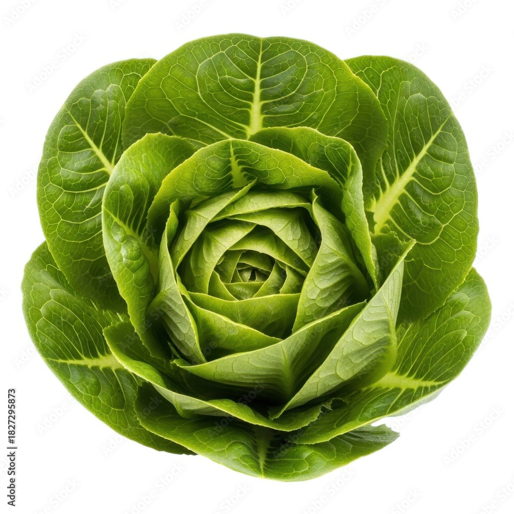 Obraz premium Fresh green romaine lettuce head with vibrant leaves isolated on white background