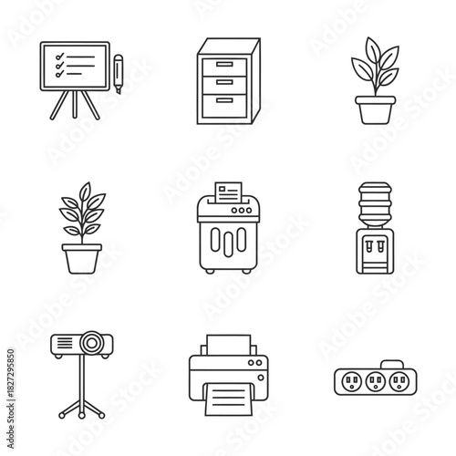 Workspace Furniture and Office Equipment Outline Icons Collection