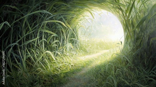 Fototapeta Naklejka Na Ścianę i Meble -  A narrow path leads through a tunnel formed by dense, tall green grass, opening into a bright, misty meadow bathed in soft morning light. The scene evokes a sen