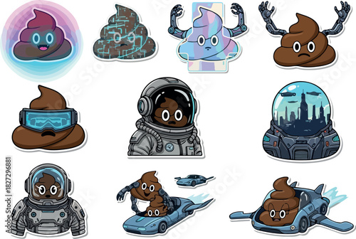 Diverse Poop Emoji Set Futuristic Styles and Character Variations