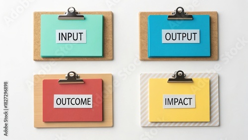 Colorful Clipboards Displaying Input, Output, Outcome, and Impact Concepts in a Business Environment for Effective Communication