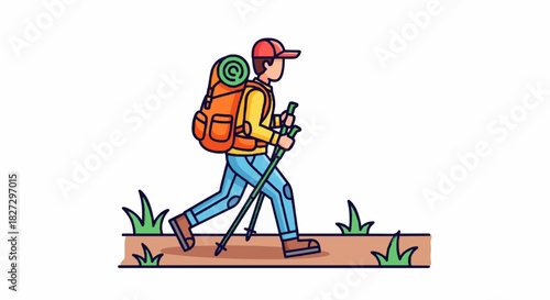 Vector cartoon illustration of a solo hiker walking on a nature trail — wearing a backpack