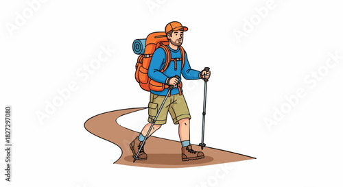 Vector cartoon illustration of a solo hiker walking on a nature trail — wearing a backpack