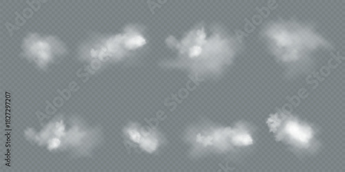 Transparent vector smoke and cloud set. Realistic fire smoke, white fluffy cloud, fog wave, and chimney smoke with overlay effect. Ideal for weather illustration, sky backgrounds